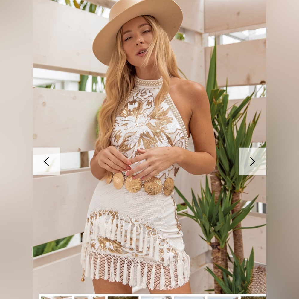 12th Tribe Like Gold Dust White Sequin Fringe Dress